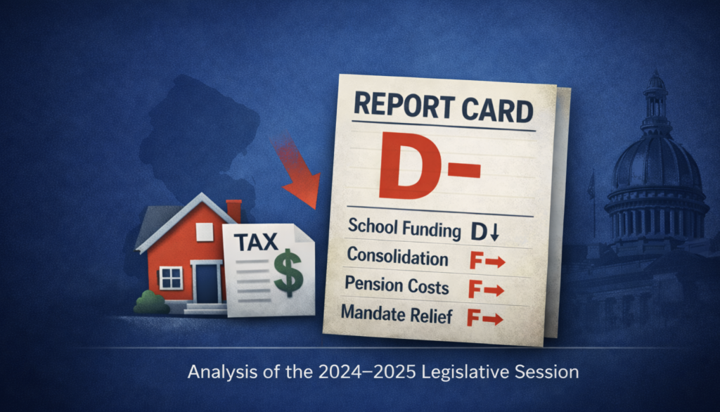 New Jersey Property Tax Crisis Report Card (2024–2025) Report card graphic showing New Jersey’s property tax crisis with a D-minus grade, highlighting high taxes, school funding failures, and legislative inaction